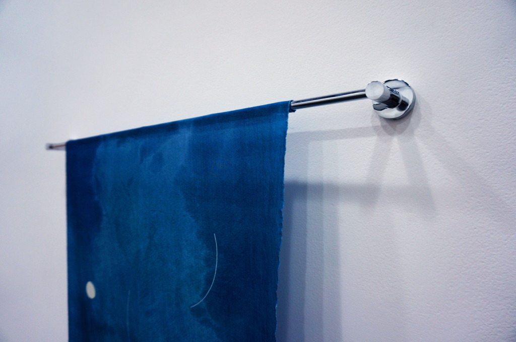 here for you, 2017, cyanotype on silk, chrome towel rail, 75 x 80 cm